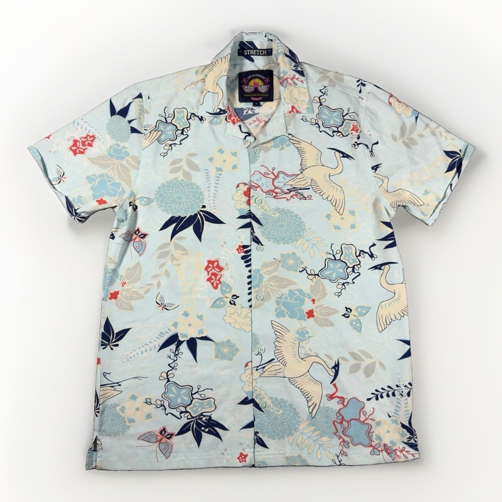 Good Vibes Mens L Hawaiian Shirt Crane Floral Stretch Button Up Blue